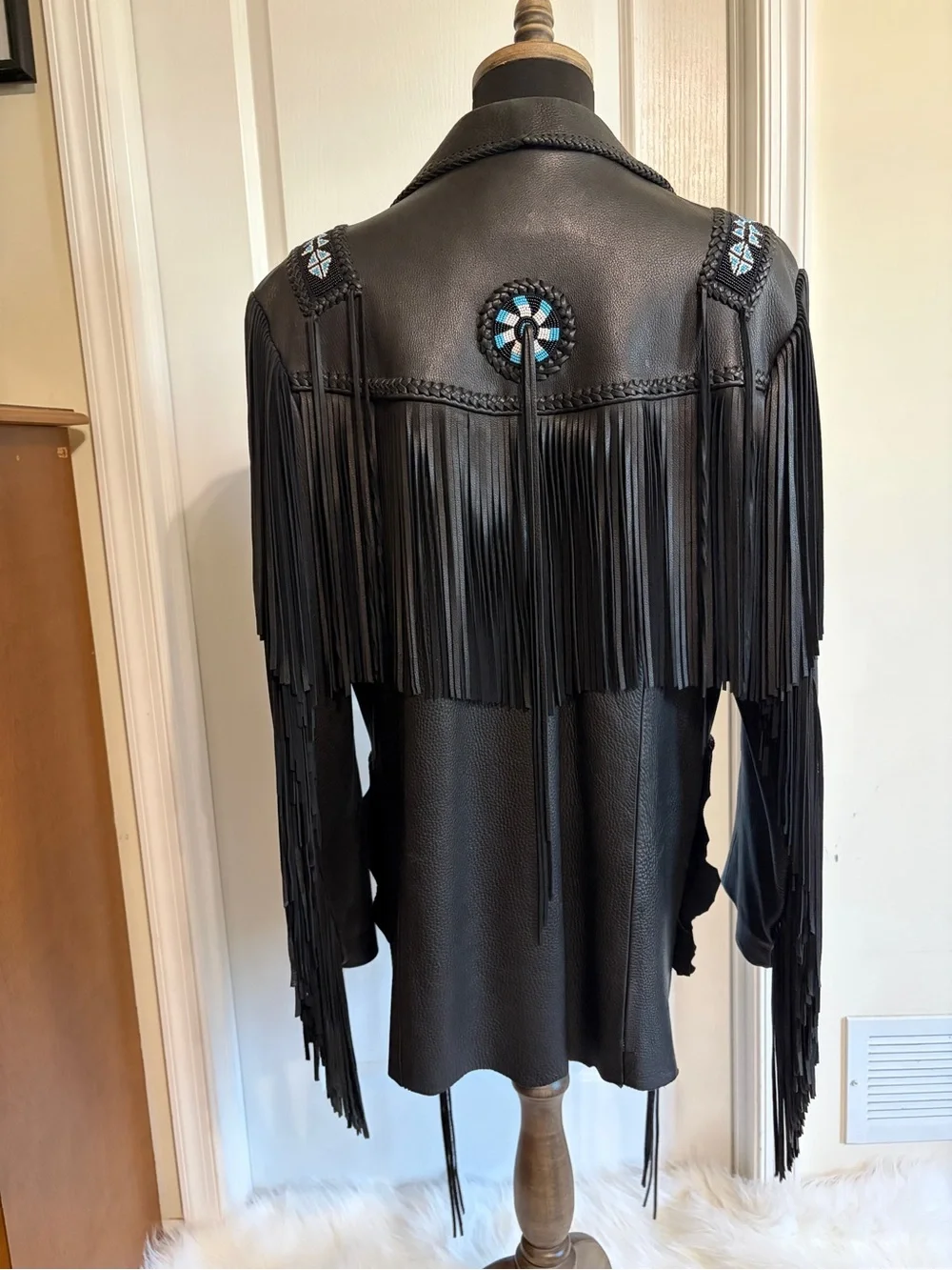 Arturo Arocha Black Leather Western Beaded Fringe Jacket 44
